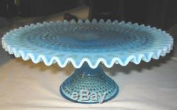 Fenton Blue Hobnail Topaz Opalescent Art Glass Cake Pedestal Dessert Plate Stand