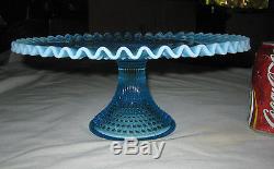 Fenton Blue Hobnail Topaz Opalescent Art Glass Cake Pedestal Stand & 8 Lg. Plate
