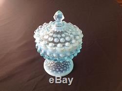 Fenton Blue Opalescent Acorn Finial Hobnail Tall Lidded Glass Candy Dish