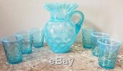 Fenton Blue Opalescent Coin Dot Water Set Pitcher 6 Tumblers Vintage Original