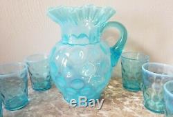 Fenton Blue Opalescent Coin Dot Water Set Pitcher 6 Tumblers Vintage Original