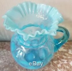 Fenton Blue Opalescent Coin Dot Water Set Pitcher 6 Tumblers Vintage Original