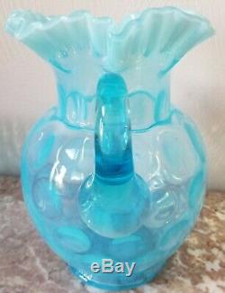 Fenton Blue Opalescent Coin Dot Water Set Pitcher 6 Tumblers Vintage Original