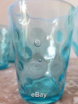 Fenton Blue Opalescent Coin Dot Water Set Pitcher 6 Tumblers Vintage Original