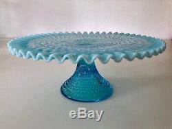 Fenton Blue Opalescent Hobnail Cake Plate Stand Ruffled Edge