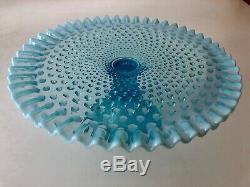 Fenton Blue Opalescent Hobnail Cake Plate Stand Ruffled Edge