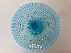 Fenton Blue Opalescent Hobnail Cake Plate Stand Ruffled Edge