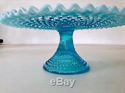 Fenton Blue Opalescent Hobnail Cake Plate Stand Ruffled Edge