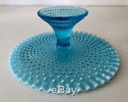 Fenton Blue Opalescent Hobnail Cake Plate Stand Ruffled Edge