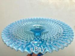 Fenton Blue Opalescent Hobnail Cake Plate Stand Ruffled Edge