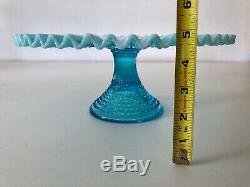 Fenton Blue Opalescent Hobnail Cake Plate Stand Ruffled Edge