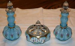 Fenton Blue Overlay Charleton Painted Pansy Vanity Perfume Cologne & Powder Set