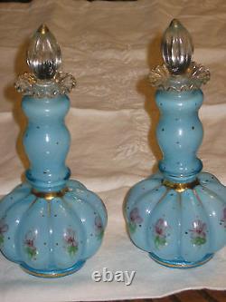 Fenton Blue Overlay Charleton Painted Pansy Vanity Perfume Cologne & Powder Set