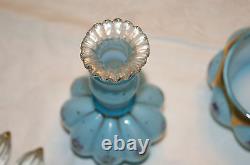 Fenton Blue Overlay Charleton Painted Pansy Vanity Perfume Cologne & Powder Set