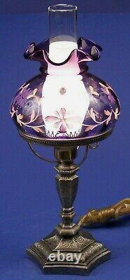 Fenton Brass Student Lamp Royal Purple Shade withHP Flowers #388/1450