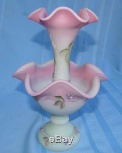 Fenton Burmese Lotus Mist 1 Horn Epergne Hand Painted Butterfly Pink Glass Vtg