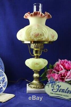 Fenton Burmese WithHand Painted Roses Student Lamp 1990 85th Anniversary A. Farley