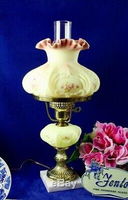 Fenton Burmese WithHand Painted Roses Student Lamp 1990 85th Anniversary A. Farley