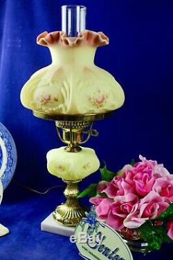 Fenton Burmese WithHand Painted Roses Student Lamp 1990 85th Anniversary A. Farley