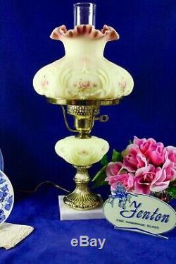 Fenton Burmese WithHand Painted Roses Student Lamp 1990 85th Anniversary A. Farley