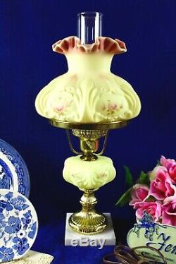 Fenton Burmese WithHand Painted Roses Student Lamp 1990 85th Anniversary A. Farley