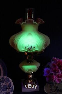 Fenton Burmese WithHand Painted Roses Student Lamp 1990 85th Anniversary A. Farley