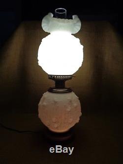Fenton Cabbage Rose GWTW Lamp n White Satin Glass circa 1970's