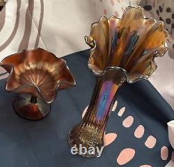 Fenton Carnival Glass Amethyst Metallic Iridescent Marigold Ruffled Vase Compote