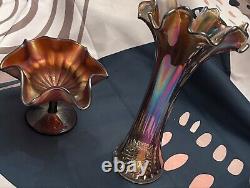 Fenton Carnival Glass Amethyst Metallic Iridescent Marigold Ruffled Vase Compote