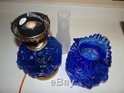 Fenton Cobalt Blue Cabbage Puffy Rose GWTW Art Glass Vtg Electric Table Lamp
