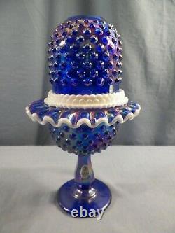 Fenton Cobalt Blue Carnival Glass Hobnail Snow Crest 3 Piece Footed Fairy Lamp