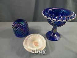 Fenton Cobalt Blue Carnival Glass Hobnail Snow Crest 3 Piece Footed Fairy Lamp