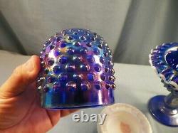 Fenton Cobalt Blue Carnival Glass Hobnail Snow Crest 3 Piece Footed Fairy Lamp