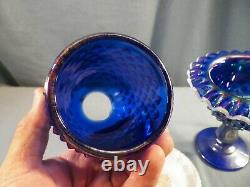 Fenton Cobalt Blue Carnival Glass Hobnail Snow Crest 3 Piece Footed Fairy Lamp