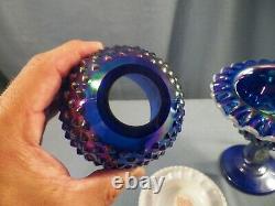 Fenton Cobalt Blue Carnival Glass Hobnail Snow Crest 3 Piece Footed Fairy Lamp