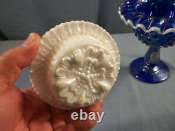 Fenton Cobalt Blue Carnival Glass Hobnail Snow Crest 3 Piece Footed Fairy Lamp