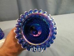 Fenton Cobalt Blue Carnival Glass Hobnail Snow Crest 3 Piece Footed Fairy Lamp