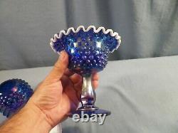 Fenton Cobalt Blue Carnival Glass Hobnail Snow Crest 3 Piece Footed Fairy Lamp