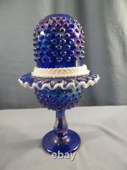 Fenton Cobalt Blue Carnival Glass Hobnail Snow Crest 3 Piece Footed Fairy Lamp