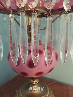 Fenton Coin Dot Cranberry Opalescent Table Lamp With Prisms