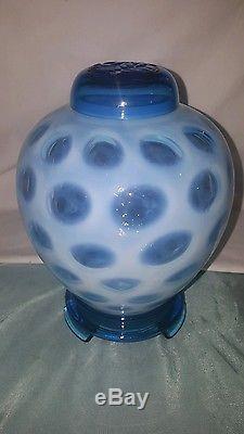 Fenton Coin Dot Opalescent Blue Ginger Jar 5 Signature with Lid & Stand No Reserve