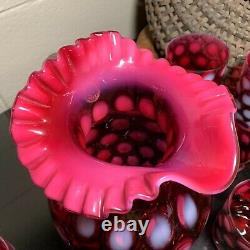 Fenton Cranberry Coin Dot Optic Opalescent Crimped Rim Ball Pitcher & 6 Tumblers