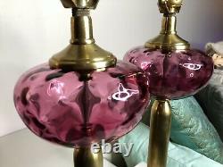 Fenton Cranberry Dot Optic Glass Table Lamp Pair Brass Marble 27 Thumbprint Vtg