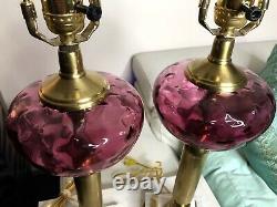 Fenton Cranberry Dot Optic Glass Table Lamp Pair Brass Marble 27 Thumbprint Vtg