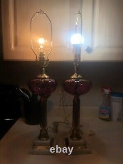 Fenton Cranberry Dot Optic Glass Table Lamp Pair Brass Marble 27 Thumbprint Vtg