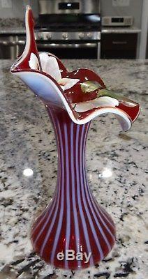 Fenton Cranberry Opalescent Fine Rib Jack-In-The-Pulpit Hand Painted 11 Vase
