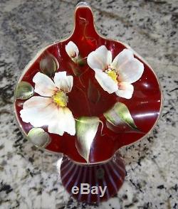 Fenton Cranberry Opalescent Fine Rib Jack-In-The-Pulpit Hand Painted 11 Vase
