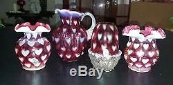 Fenton Cranberry Opalescent Hearts Vases Fairy lamp Pitcher Lot 4 pieces