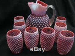 Fenton Cranberry Opalescent Hobnail Pitcher And Eight Tumbler Set Free Shipping