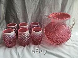 Fenton Cranberry Opalescent Hobnail Pitcher with 6 Tumblers Water Set